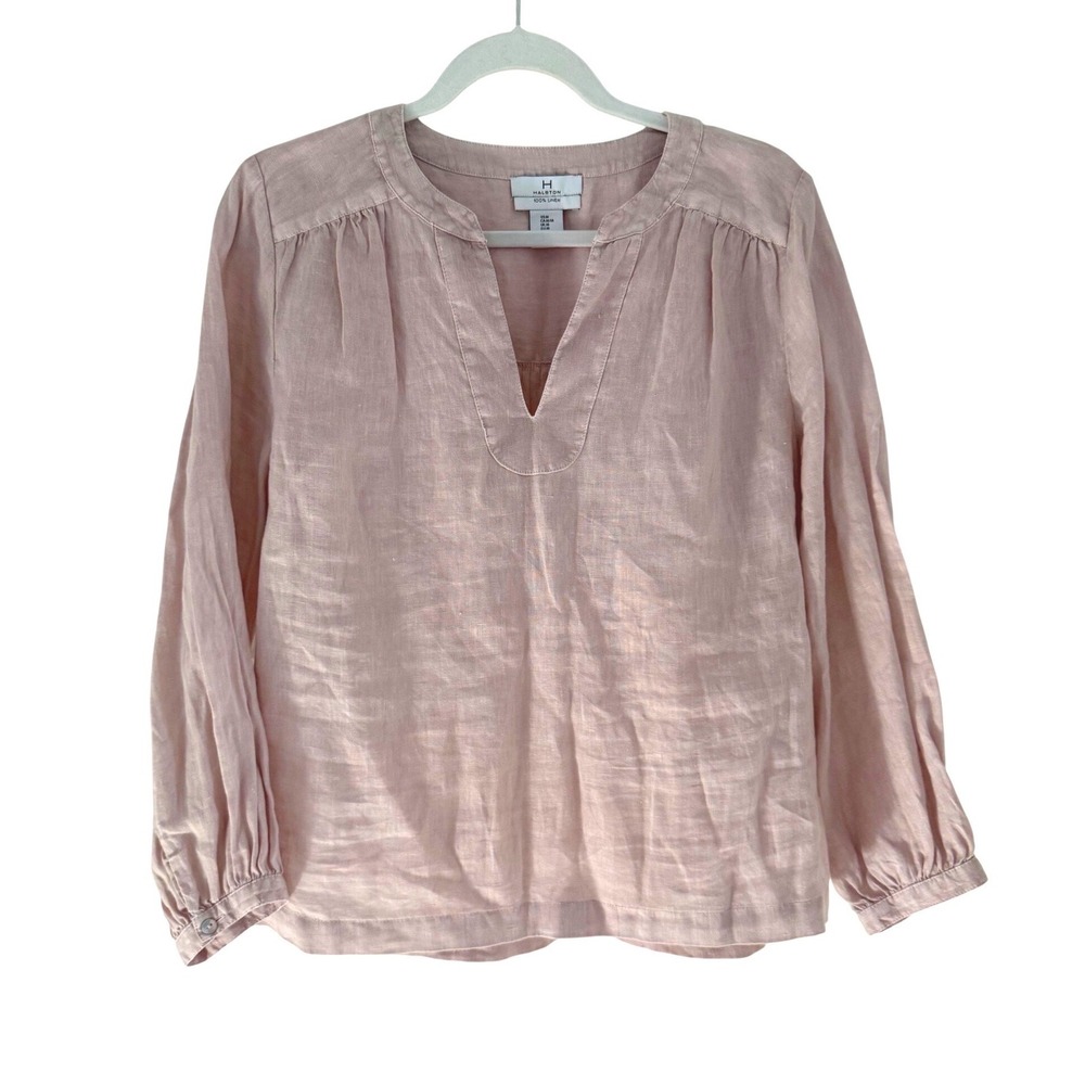 Halston 100% Linen Blush Pink Peasant Blouse Sz M 3/4 Sleeve Boho Minimalist Top